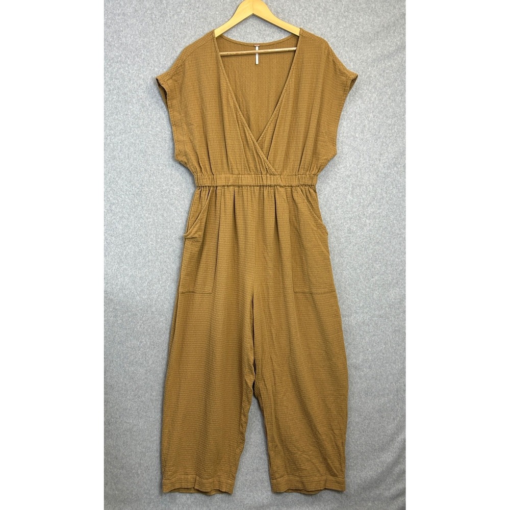 Free People Jumpsuit Mustard Yellow Gauze Wide Leg V-Neck Lagenlook Womens Large